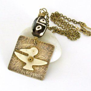 Hammered Gold Brass  African Tribal Necklace with Carved African Bone Bird